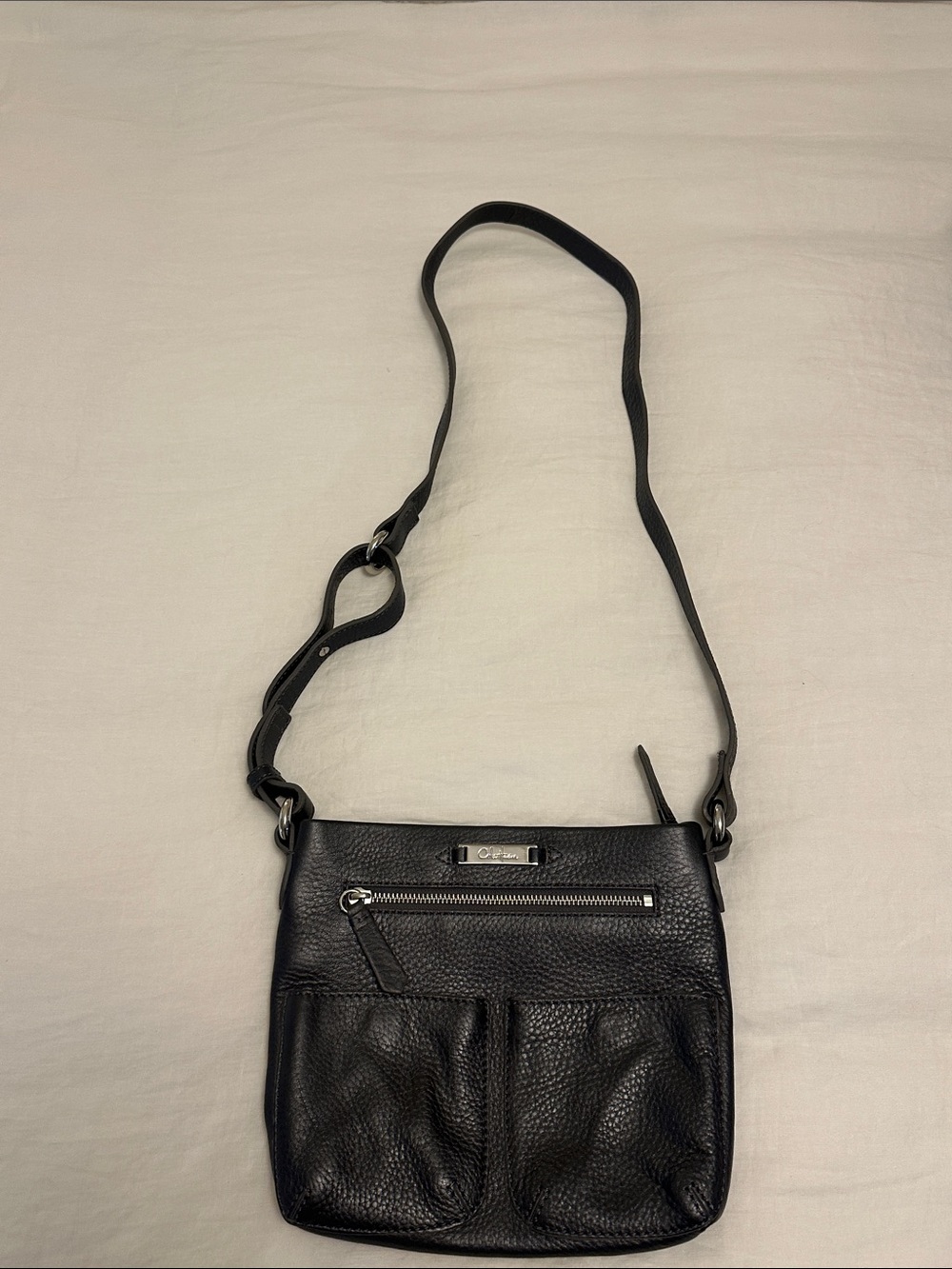 Cole Haan Black Leather Crossbody Bag with Front Zip Pocket